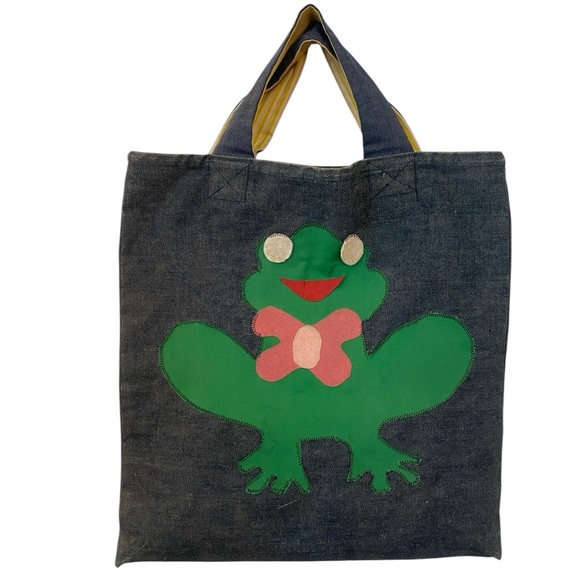 Vintage Handmade Arts And Crafts Toad Frog Print Denim Tote Bag - Picture 1 of 6